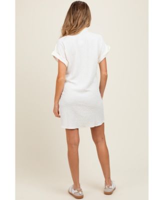 Ivory Textured Short Sleeve Button Down Maternity Shirt Dress