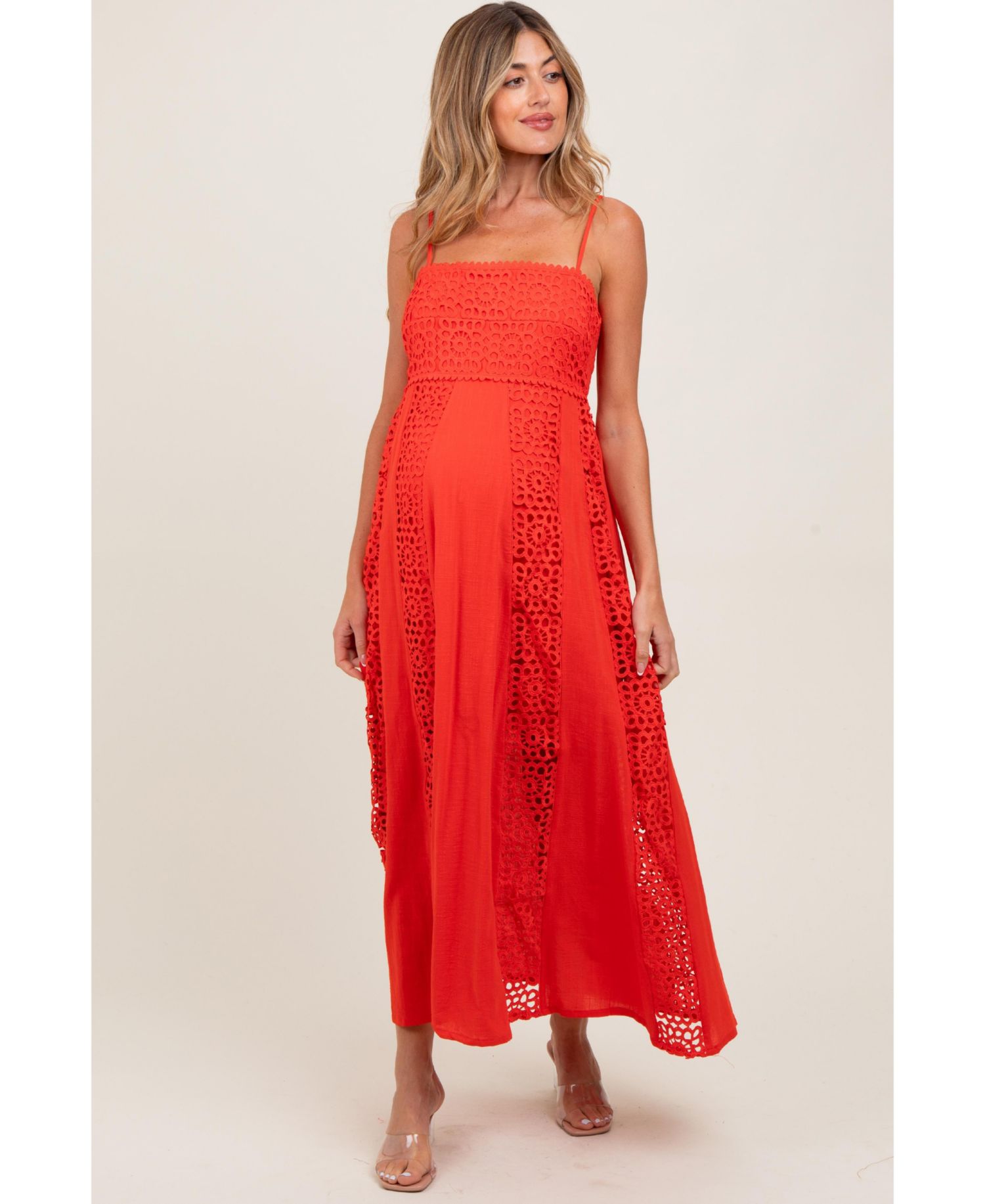 Women's Coral Red Crochet Lace Paneled Maxi Dress