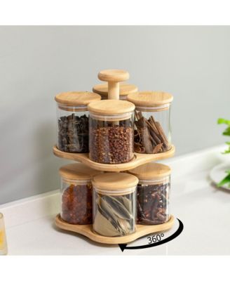 Minimalist Two-Tier Bamboo Lazy Susan Turntable with 8 Pcs 12 oz Airtight Lid Glass Jars, Versatile Spice Rack Organizer, Perfect for Kitchen Countertops, Dining Tables, and Pantry Cabinets