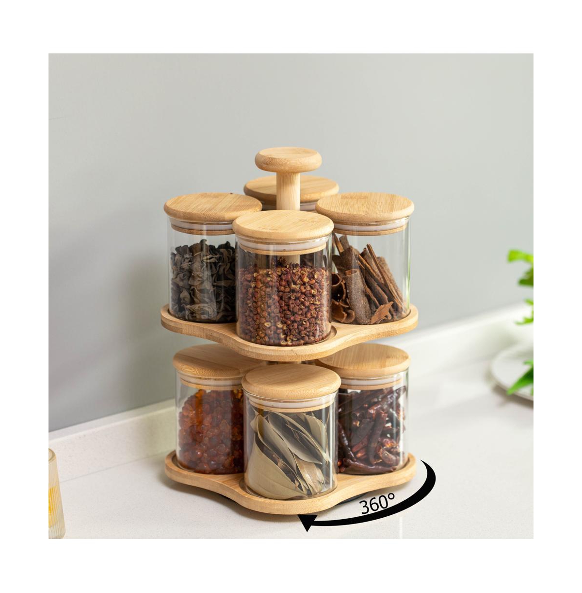 Basicwise Minimalist Two-Tier Bamboo Lazy Susan Turntable with 8 Pcs 12 oz Airtight Lid Glass Jars, Versatile Spice Rack Organizer, Perfect for Kitche