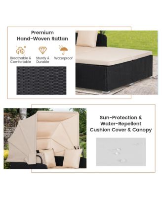 Patio Rattan Daybed Lounge Retractable Top Canopy Side Tables Cushions