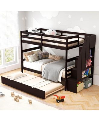 Twin over Twin Wooden Bunk Bed w/ Trundle Storage Stairs Convertible
