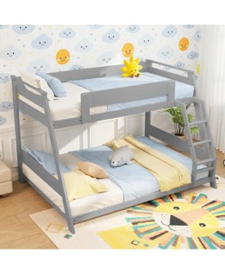 Twin Over Full Low Bunk Bed Solid Wooden Floor Bunk Bed w/ Reversible Ladder White