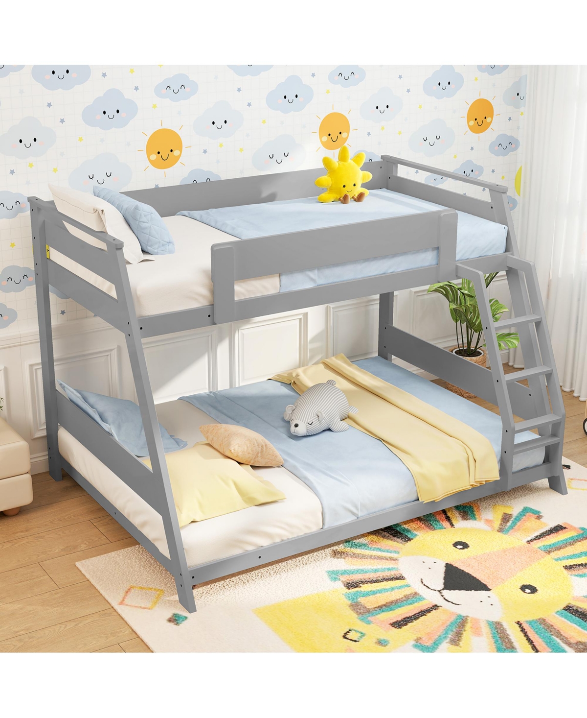 Gymax Twin Over Full Low Bunk Bed Solid Wooden Floor Bunk Bed w/ Reversible Ladder White