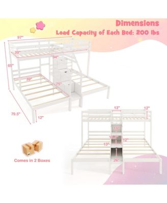 Wooden Twin Over Twin & Twin Bunk Bed w/ 4-Step Storage Staircase Guardrail