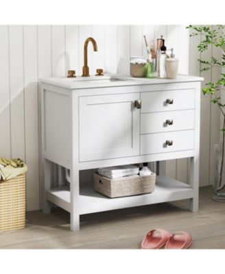 1Pc Granite Countertop, Ceramic Sink, 2 Drawers &amp; Open Shelf Extra Wide Bathroom Vanity Unit