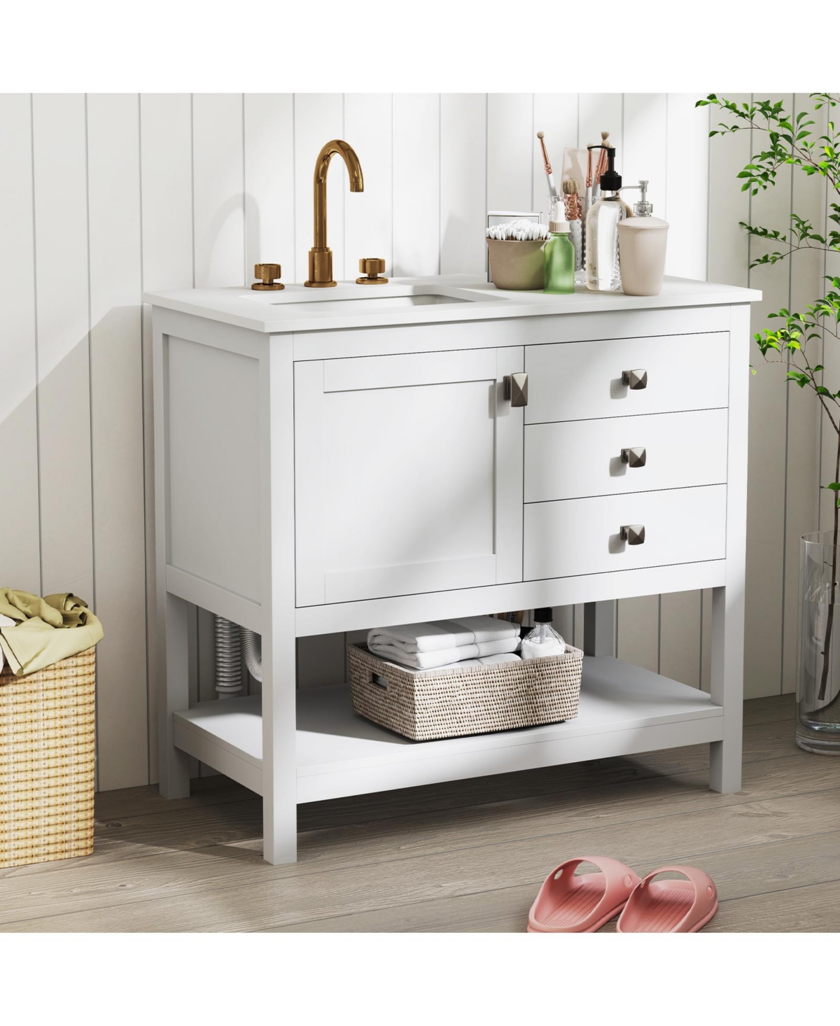 Gymax Bathroom Vanity Unit w/ Basin w/ Extra Wide Granite Countertop Ceramic Sink