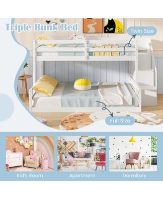 Twin Over Full Low Bunk Bed w/ Storage Stairs w/ Full-length Guardrails