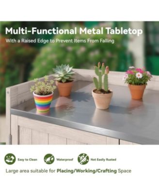 Potting Bench, Outdoor Wooden Storage Cabinet with Adjustable Shelf, Metal Tabletop