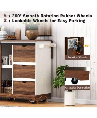 55.5" Wide MDF Drop Leaf, Barn Door, Power Outlet, 3 Drawers, Locking Wheels Farmhouse Kitchen Island Cart