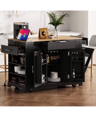Rolling Kitchen Island with Trash Bin Cabinet, Power Outlet, 3 Drawers, Side Spice Racks, Solid Wood Top, Lockable Wheels