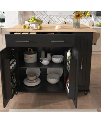 46" Rubberwood Top Rolling Kitchen Island Cart with Drop Leaf, 3-Tier Pull-Out Organizer and Hidden Door Racks