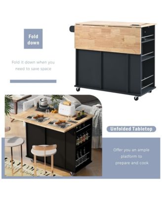39.8" Wide Rubberwood, MDF Power Outlet, Drop Leaf, Wine Glass Rack, 2 Drawers, Locking Wheels Mobile Kitchen Island Cart