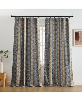 William Boho Damask Striped Patterned Window Back Tab Rod Pocket Curtains Bedroom - Light Blocking Darkening Window Panels, Set of 2