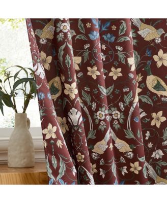 Florence Floral & Birds Patterned Window Back Tab Rod Pocket Curtains Bedroom - Light Blocking Darkening Window Panels, Set of 2
