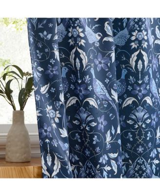 Florence Floral & Birds Patterned Window Back Tab Rod Pocket Curtains Bedroom - Light Blocking Darkening Window Panels, Set of 2