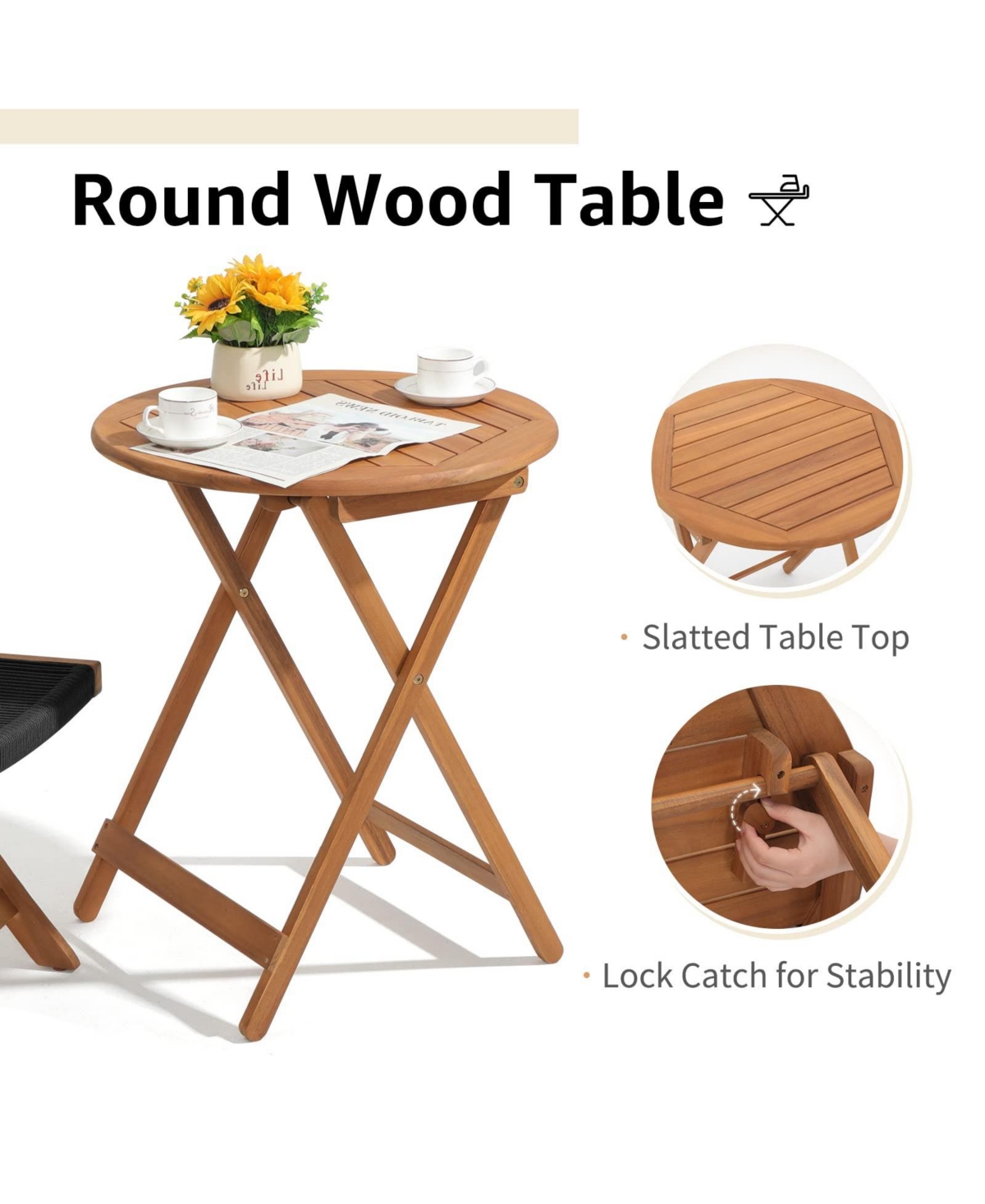 35 Inch Acacia Wood Bistro Set with Wicker Seating 2 Chairs and Table