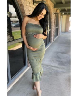 Olive Satin Smocked Fitted Maternity Maxi Dress
