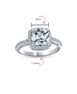 Classic 3CT Cubic Zirconia Halo Solitaire Square Cushion Cut Promise Ring CZ Pave Band Sterling Silver
