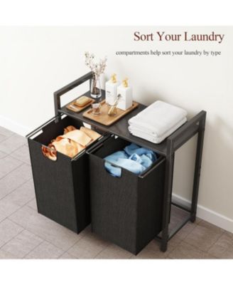 Laundry Basket Organizer, Laundry Hamper with Shelf &amp; 2 Pull-Out Removable Bags, Dirty Clothes Hamper Organizer for Laundry Room Bathroom and Dorm, 2 x 11.8 gallons (44.5L)