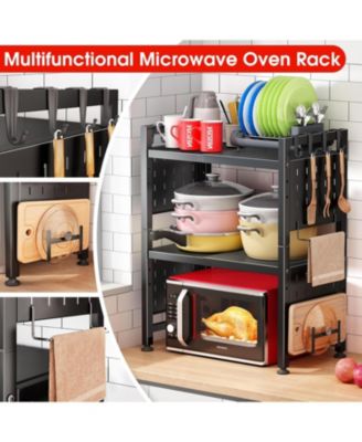 17.4"- 27.4" Expandable Microwave Stand, 3-Tier Heavy Duty Adjustable Height Microwave Oven Rack with 9 Hooks and Cutting Board Holder, Countertop Kitchen Shelf Organizer, Holds up to 180 lbs, Black