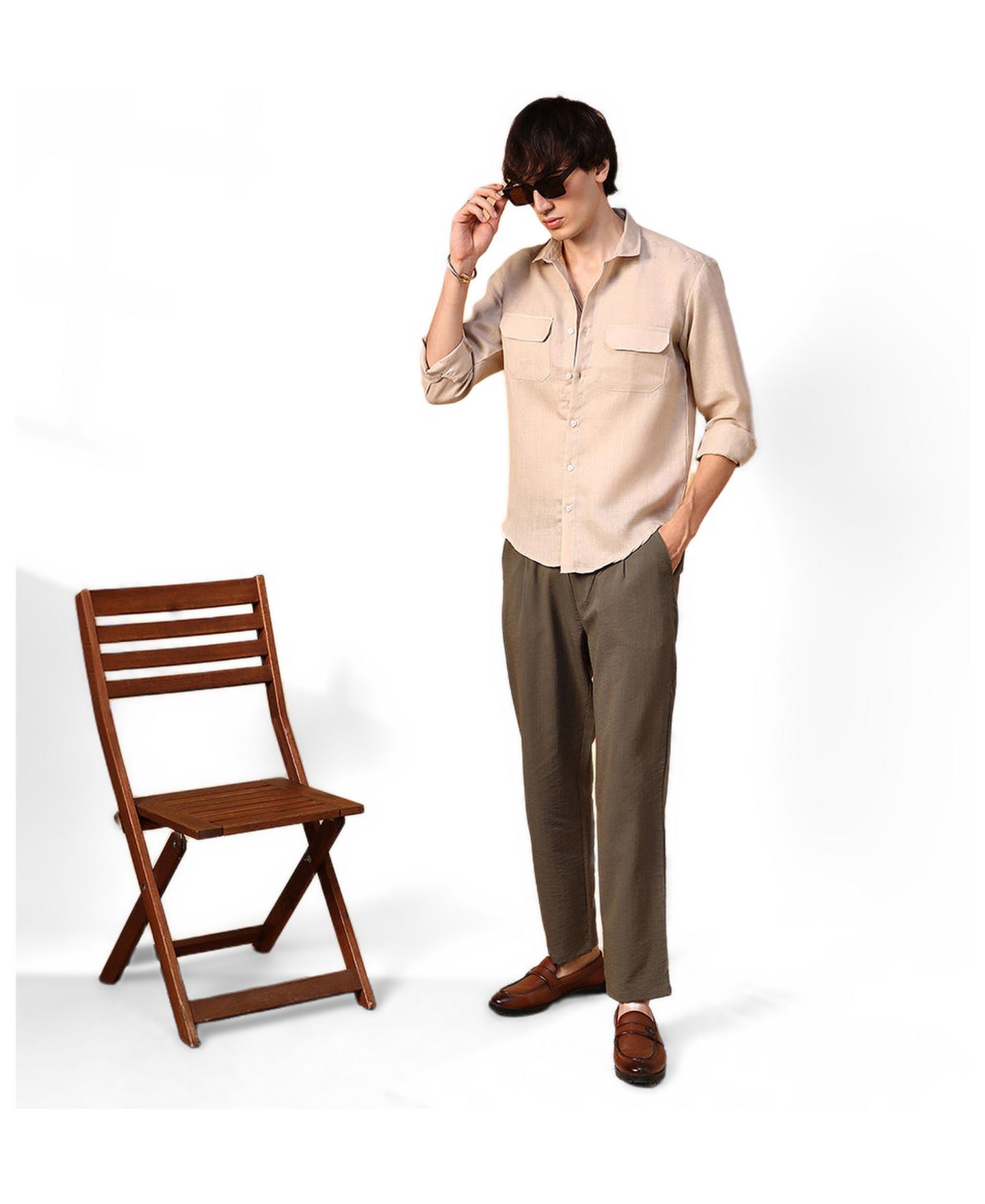 Мужская рубашка Cahoot Campus Sutra Khaki Beige Solid Utility, цвет: Бежевый — фото 3