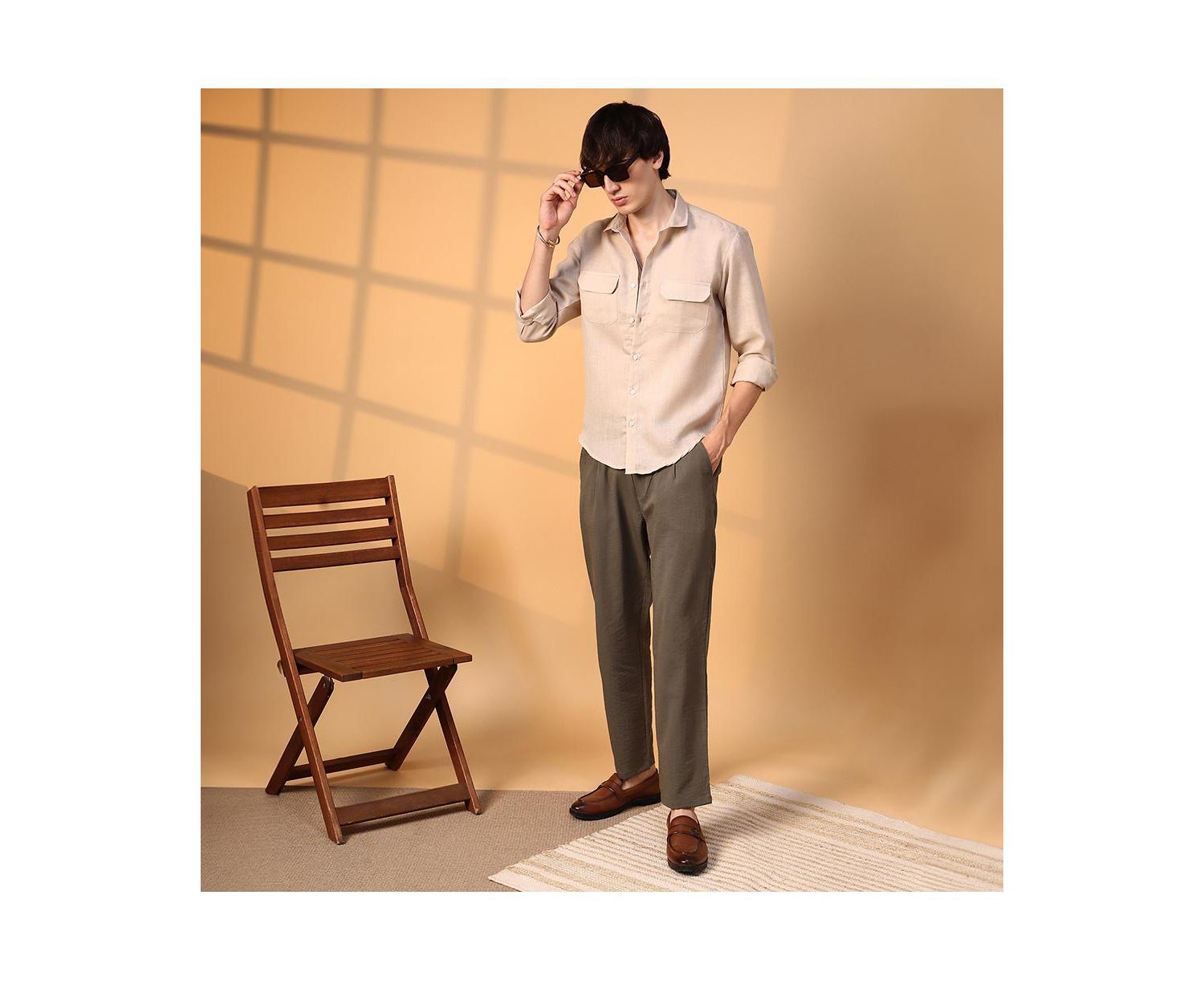 Men's Khaki Beige Solid Utility Shirt