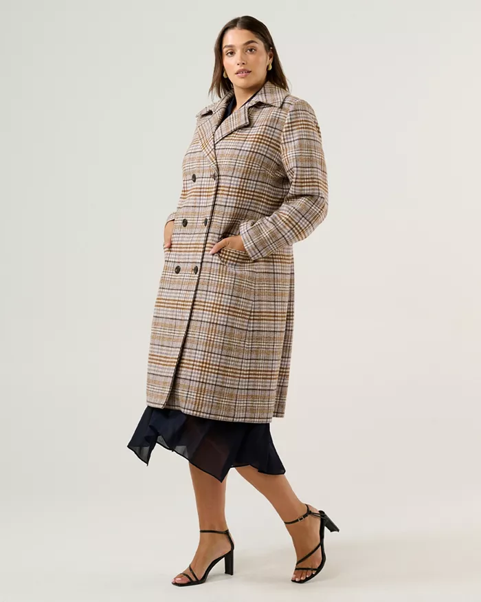 Plus Size Frostfall Double-Breasted Full-Length Check Coat - thumbnail 2