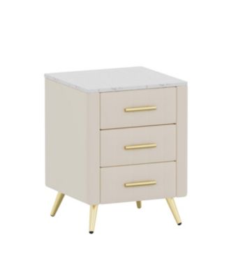  Upholstered Nightstand - 3 Drawers, Metal Legs & Marbling Top