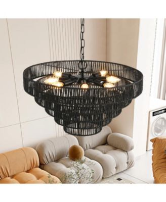 Rustic 5-Tier Hemp Rope Chandelier with 8 Sockets Hardwired Pendant Fixture