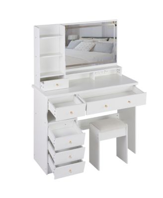 Vanity Table with Cushioned Stool, Power Station, Hair Dryer Stand, Large LED Mirror