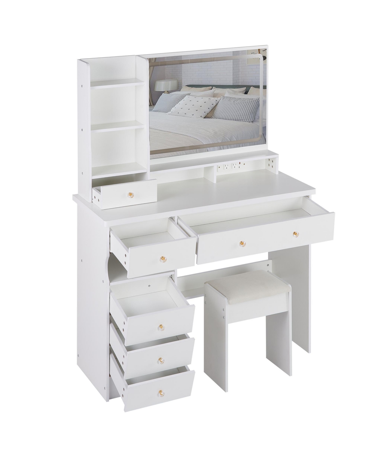 Streamdale Furniture Streamdale Vanity Table with Cushioned Stool, Power Station, Hair Dryer Stand, Large Led Mirror