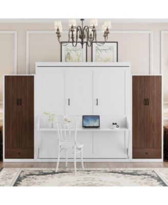 Queen Size Murphy Bed Wall Bed with Closet Drawers and Table