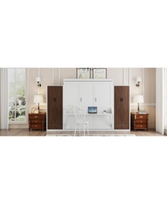 Queen Size Murphy Bed Wall Bed with Closet Drawers and Table