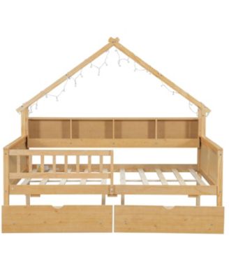 Wood Full House Platform Bed with LED & Storage