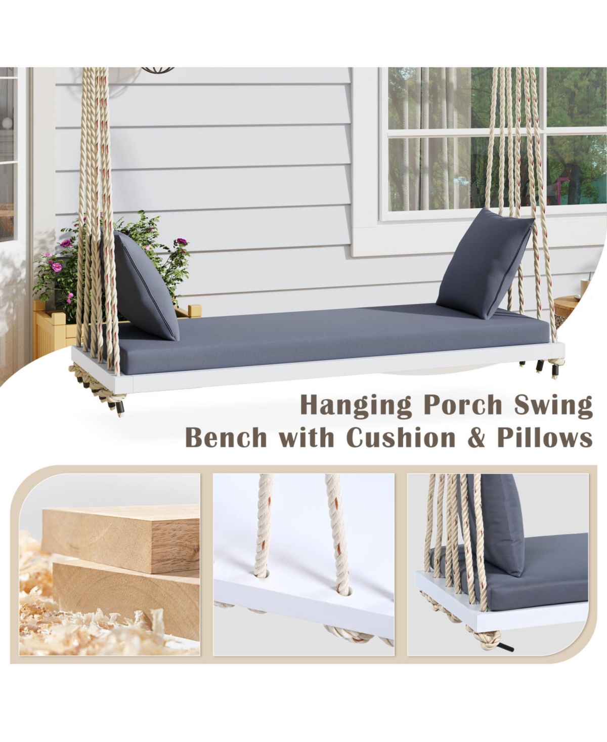 Streamdale Furniture Patio Wooden Swing Chair with Cushion & Ropes