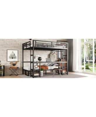 Queen Over Twin XL Bunk Bed with Desk LED & USB Black