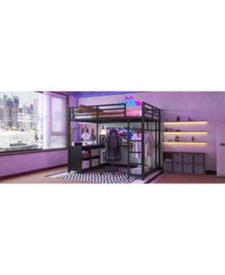 Metal Loft Bed with Wardrobe & Desk Full Size Black