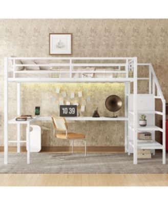 Loft Bed with Desk Wardrobe Shelf & LED - White