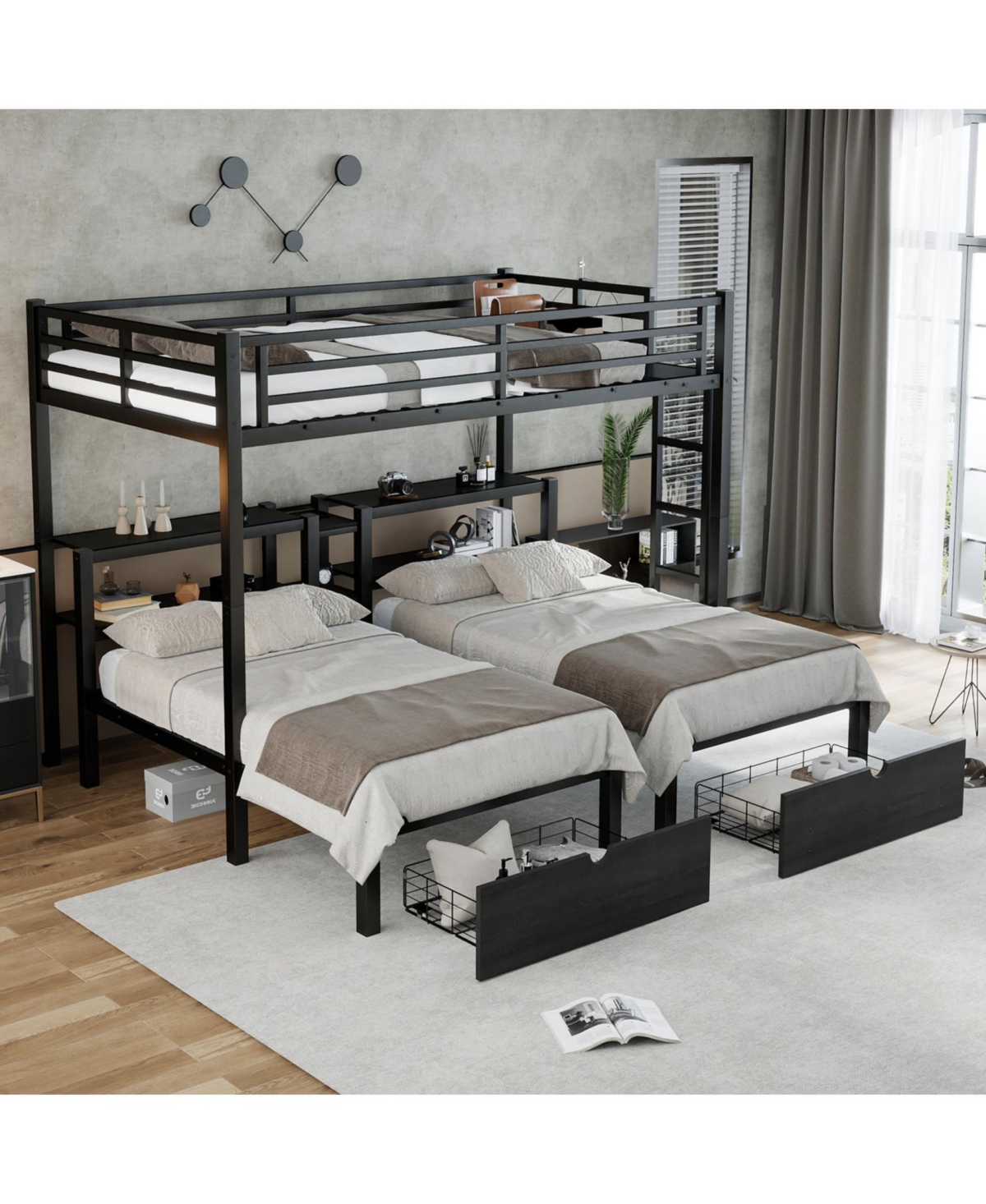 Streamdale Furniture Full Xl/Twin/Twin Triple Bunk Bed with Drawers & Usb Black