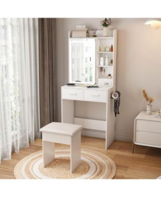 Small Vanity Desk with Mirror LED Lights & Outlet - White