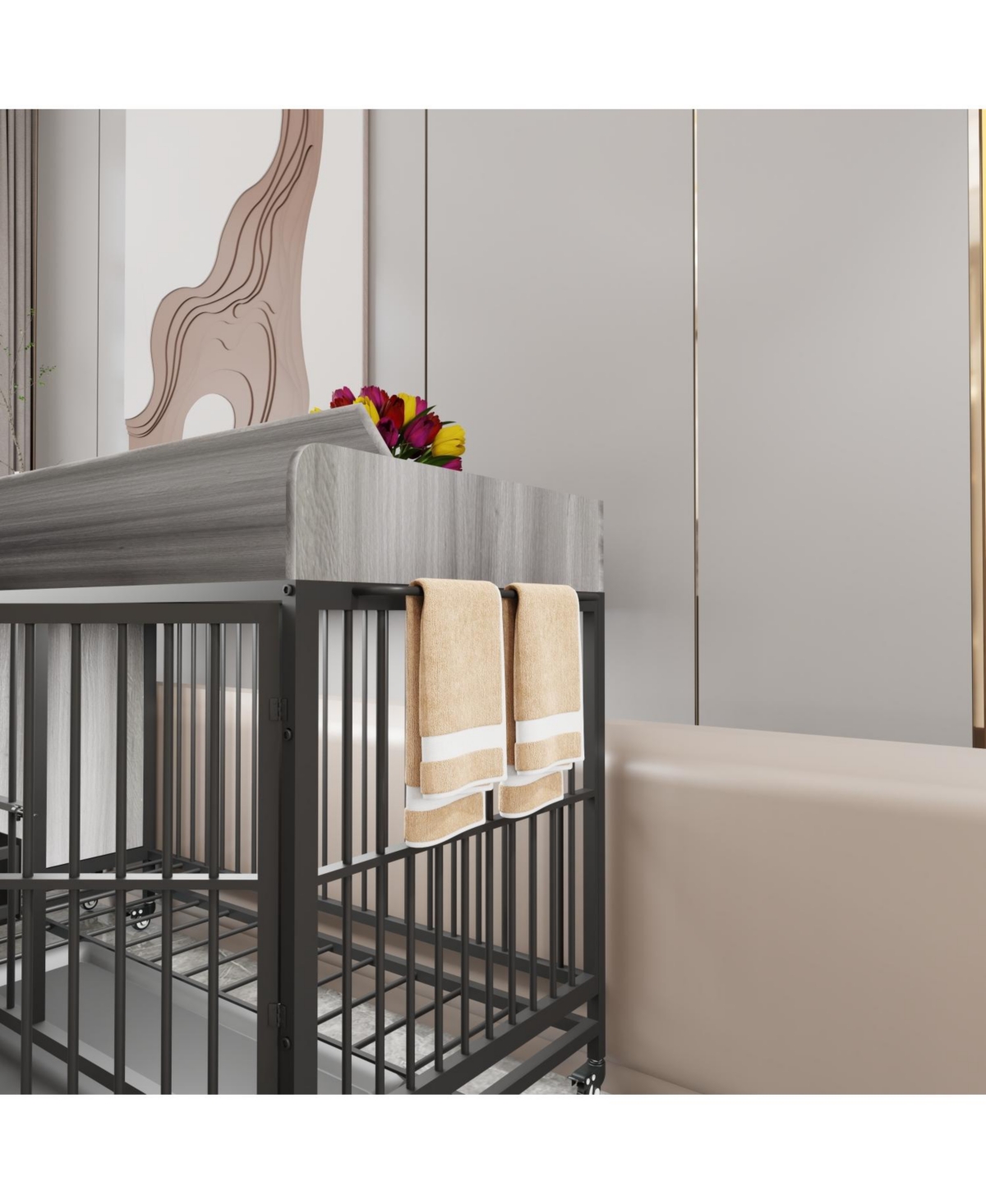 Streamdale Furniture Large Pet Cage w/ Storage & Stainless Steel Bowls (Black/Gray)