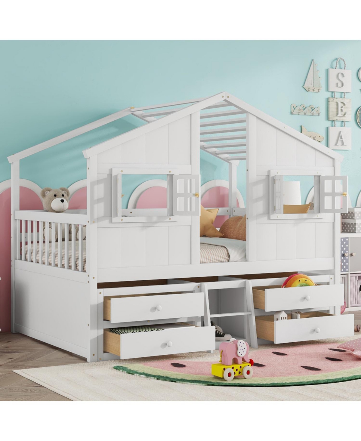 Streamdale Furniture Loft Bed with Roof Windows & Storage - White