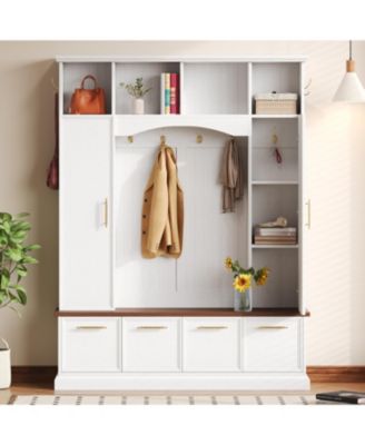 Streamdale 4-in-1 Hall Tree- 59" Wide, Golden Hooks, Walnut Bench, Adjustable Shelves, Black