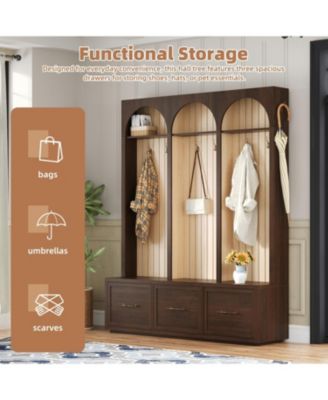 Streamdale Farmhouse Hall Tree Bench, 59" Wide, 8 Hooks, 3 Drawers, Dark Walnut