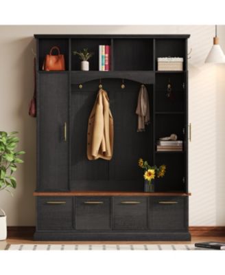 Streamdale 4-in-1 Hall Tree- 59" Wide, Golden Hooks, Walnut Bench, Adjustable Shelves, Black