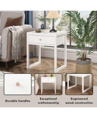 Modern White Nightstand with Drawer & Wood Knob