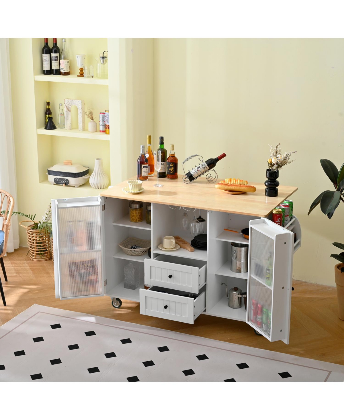Streamdale Mobile Kitchen Island Cart - Dropleaf Top, Drawers & Cabinet - White