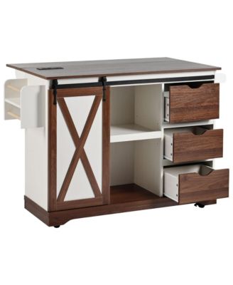 55.5" Farmhouse Kitchen Island w/ Drop Leaf, Barn Door, Power Outlet, Rolling Cart - White