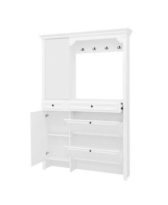 Hall Tree w/ Shoe Cabinet, Mirrored Door, Bench, Hooks & Drawers